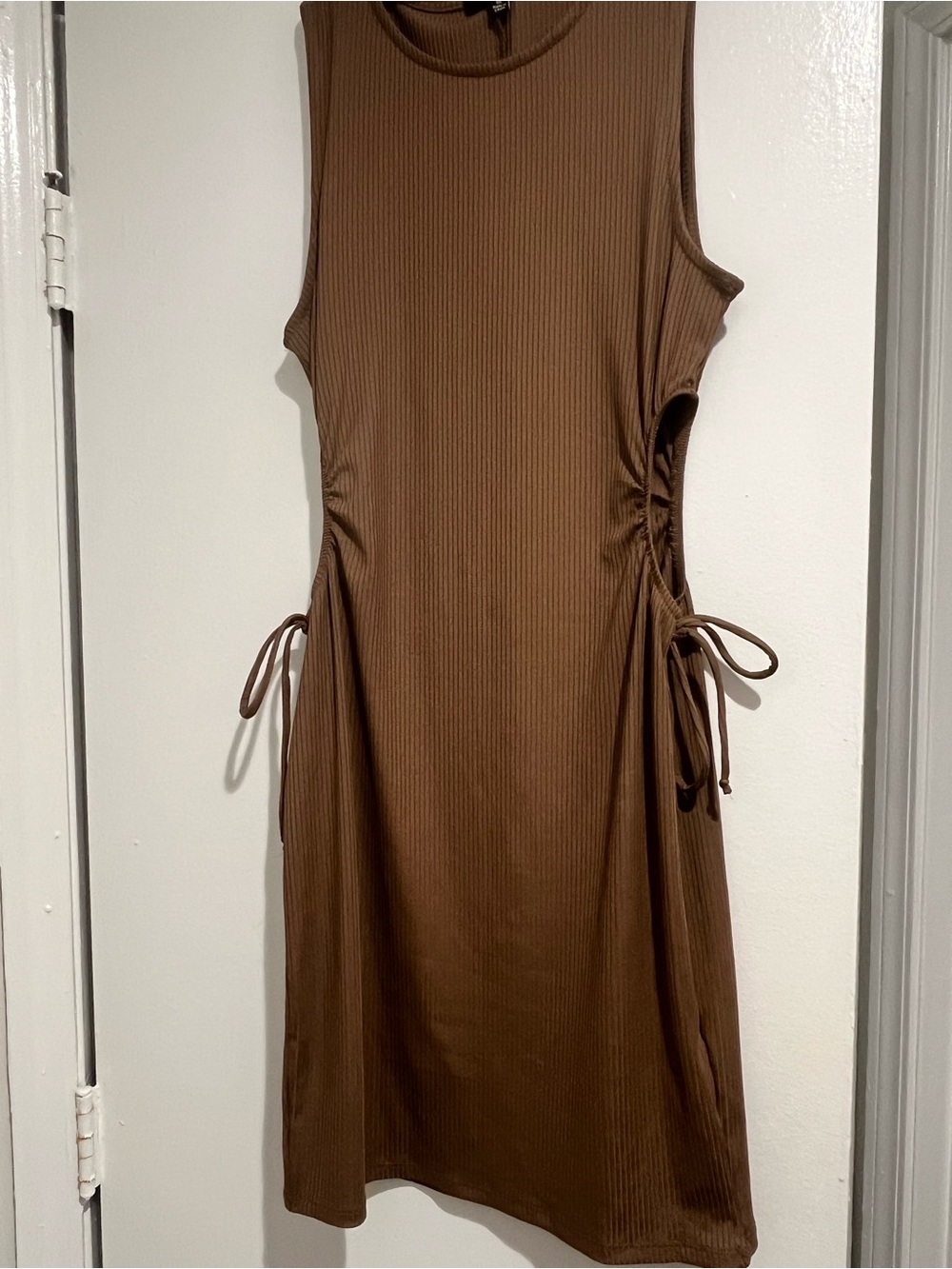 Ambiance Sleeveless Ribbed Brown Midi Dress with Cut Out Sides that Ties